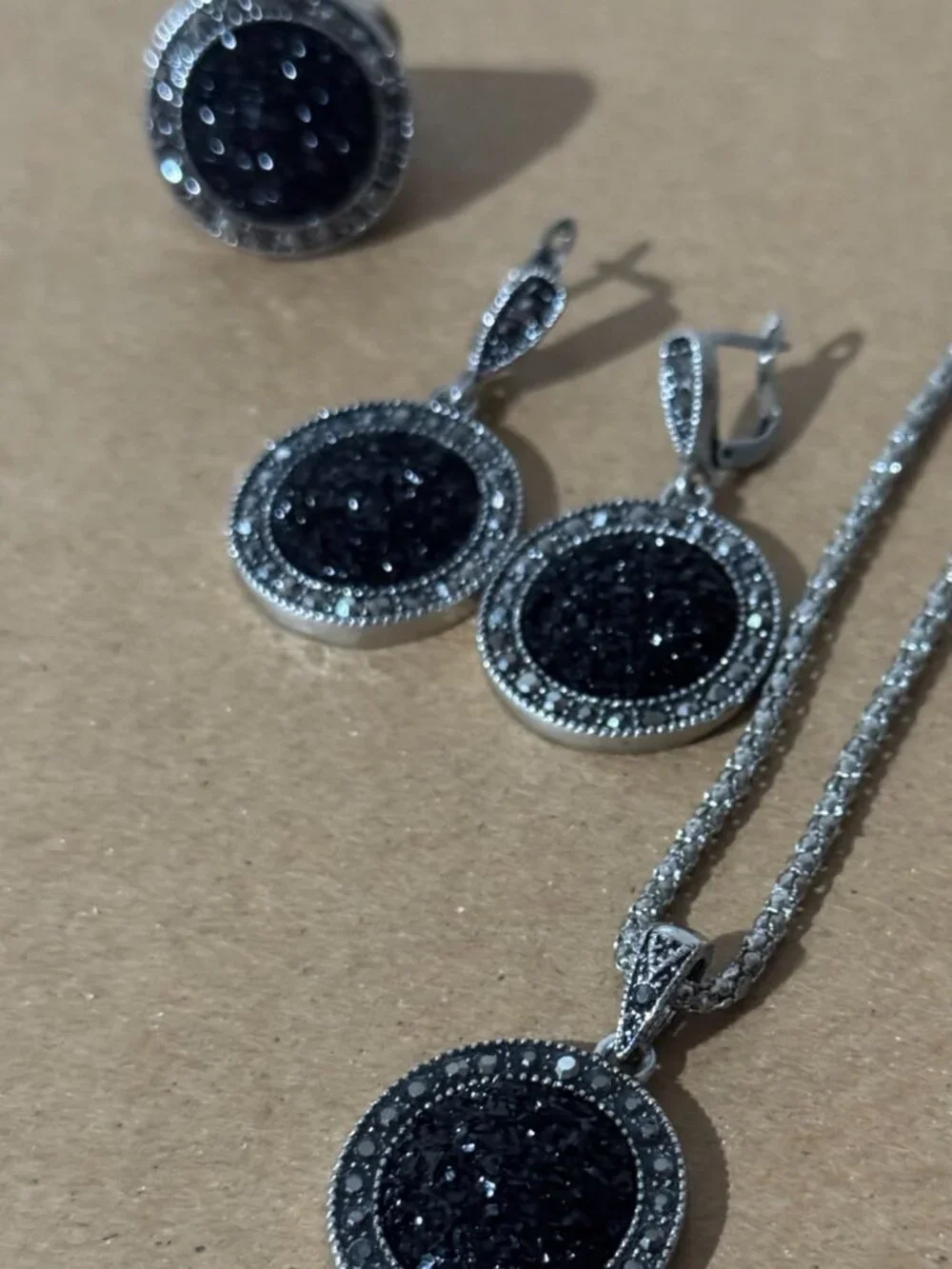 Beonon Vintage Silver Black Crystal Statement Necklace Drop Earrings Ring Set